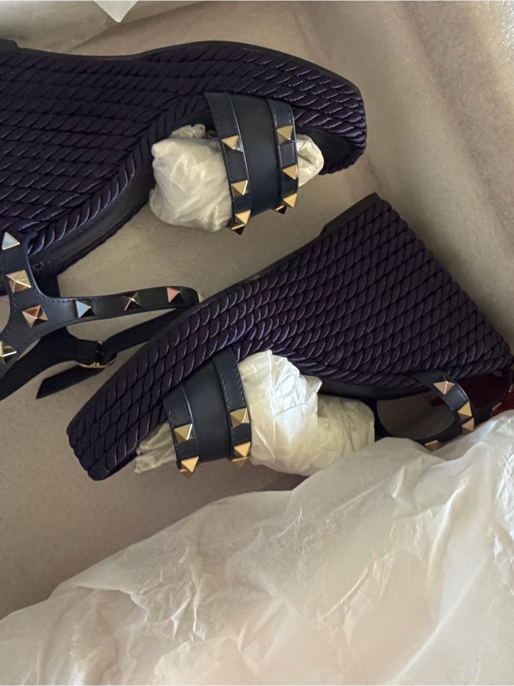 Valentino Garavani Purple Wedge Sandals with Black Studded Straps